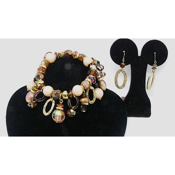 Vintage Charm Bracelet & Earring Set - Beaded Gold Tone Iridescent Accents - Picture 3 of 3